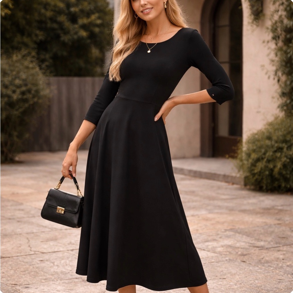 Lulus Black Sz Sm Ponte Knit Fit N Flare 3/4 Slv Expsd Gold Zipper Pockets Midi